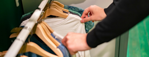 Hands sort through shirts on hangers on a closet rod.