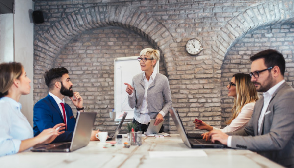 A group of people sit around a conference table while a white haired woman in a jacket gestures to a presentation board.