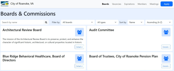 The public OnBoardGOV page for Roanoke, Va.