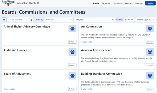 The City of Fort Worth's OnBoardGOV-powered Boards, Commissions, and Committees public directory, showing a searchable, filterable listing of civic boards including the Animal Shelter Advisory Committee, Art Commission, Aviation Advisory Board, Board of Adjustment, Building Standards Commission, and Capital Improvements Advisory Committee for Transportation Impact Fee.