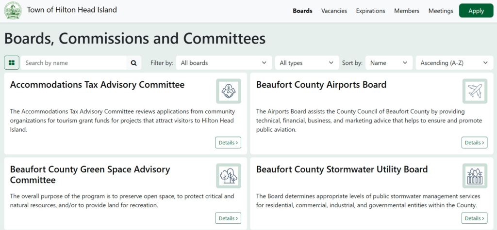 the OnBoardGOV page for Hilton Head Island, South Carolina