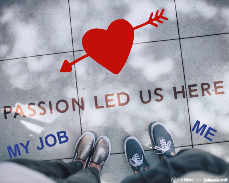 Two pairs of feet wearing sneakers stand on pavement. Written in front of one pair is "My job." In front of the other is "Me." Between the two is "Passion brought us together." Above that is a cupid's heart with an arrow.