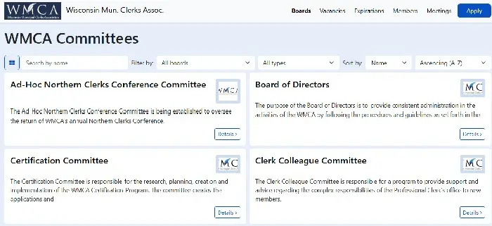 WMCA committees webpage showing organized board and committee listings, demonstrating real-world use by municipal clerks and government offices.