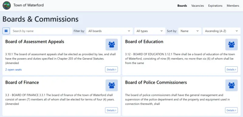 Screenshot of Waterford, Connecticut’s OnBoardGOV boards and commissions page showing searchable list of boards including Board of Assessment Appeals, Board of Education, Board of Finance, and Board of Police Commissioners, with filters for board type, vacancies, expirations, and member details.