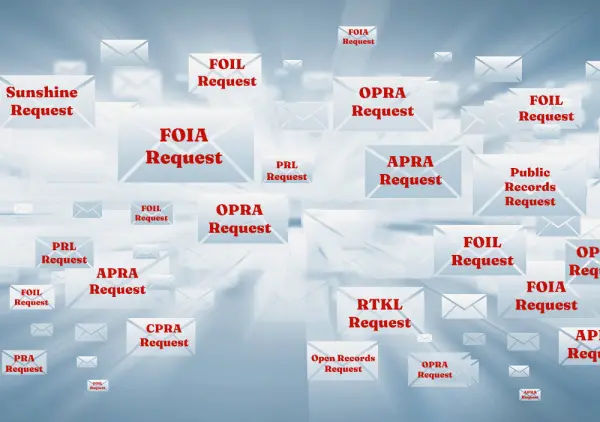 A flood of email envelopes labeled with public records request acronyms from across federal, state, and local government — including FOIA, FOIL, OPRA, APRA, RTKL, CPRA, PRA, Sunshine Request, and Open Records Request — illustrating the rising volume of public records requests facing government offices.