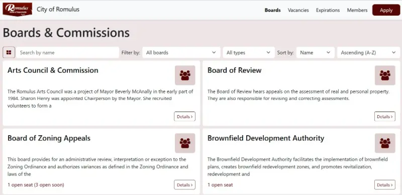 City of Romulus Boards and Commissions portal powered by OnBoardGOV, showing a searchable list of boards including the Arts Council and Commission, Board of Review, Board of Zoning Appeals, and Brownfield Development Authority, with navigation options for Vacancies, Expirations, Members, and an Apply button