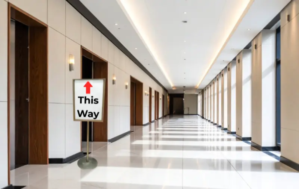 Institutional hallway with a freestanding "This Way" sign and red upward arrow guiding visitors forward.