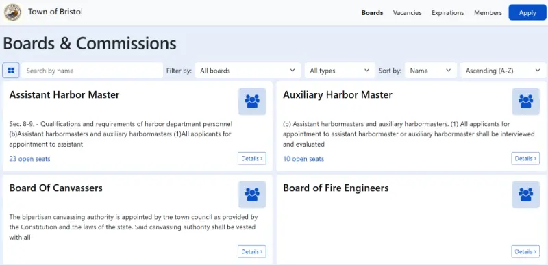 Screenshot of the Town of Bristol's public-facing Boards & Commissions page in OnBoardGOV, showing a searchable, filterable list of boards with descriptions, open seat counts, and 'Details' links.