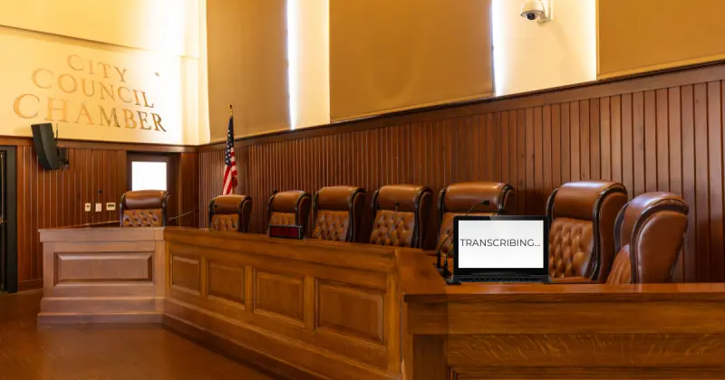 An empty city council chamber with a laptop on the dais displaying "Transcribing...," illustrating AI meeting transcripts as public records.
