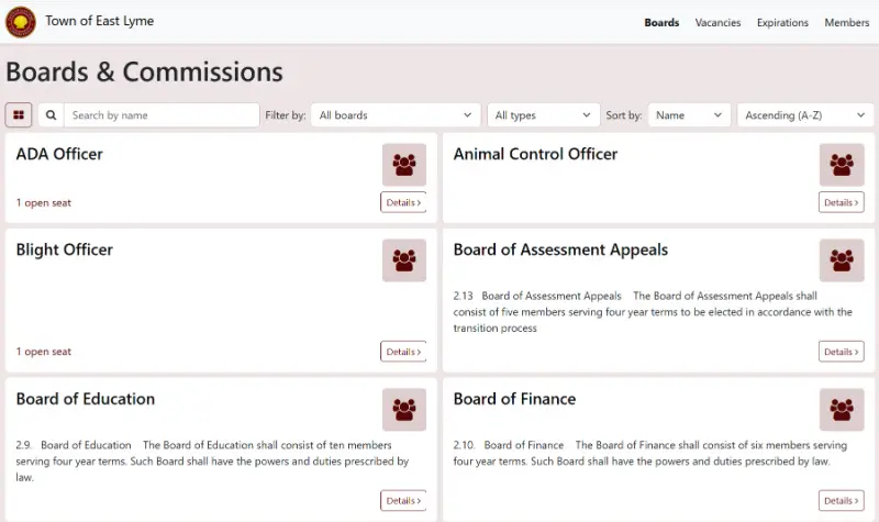 Screenshot of the Town of East Lyme, CT boards and committees page in OnBoardGOV, listing board and committee records including the ADA Officer, Animal Control Officer, Board of Assessment Appeals, Board of Education, and Board of Finance, with open seat and term information for each.