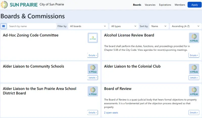 Screenshot of the City of Sun Prairie, Wisconsin's online Boards & Commissions portal, showing board listings, open seats, and an option to apply.